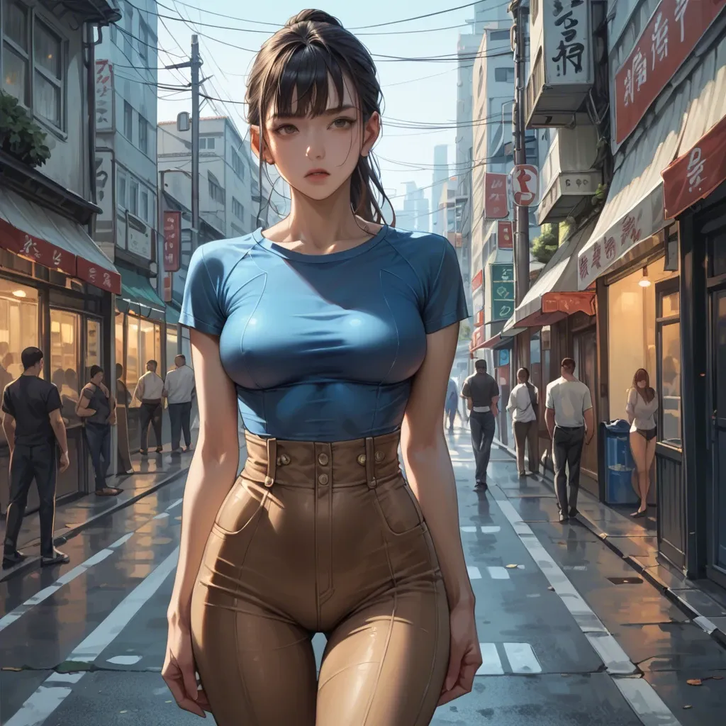 Anime,detailed,slender body,super wide hips,long legs,high waist,brown pants,tied hair,bangs,bodycon shirts,upper body,super wide thigh gap,street