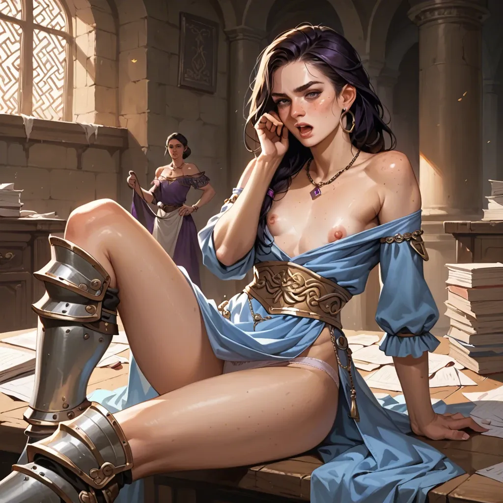 2girl, , , , freckles,licking feet,large boob slip,arabian clothes,off shoulders, light freckles,sexy legs,flat chest,grabbing,purple necklace, medieval dress,socks,metal rings,panties on,armored boots, office dress,baggy socks,golden tiara,leotard,strappy sandals, throne room, cute anime face, dark eyes, princess peach, spider-gwen