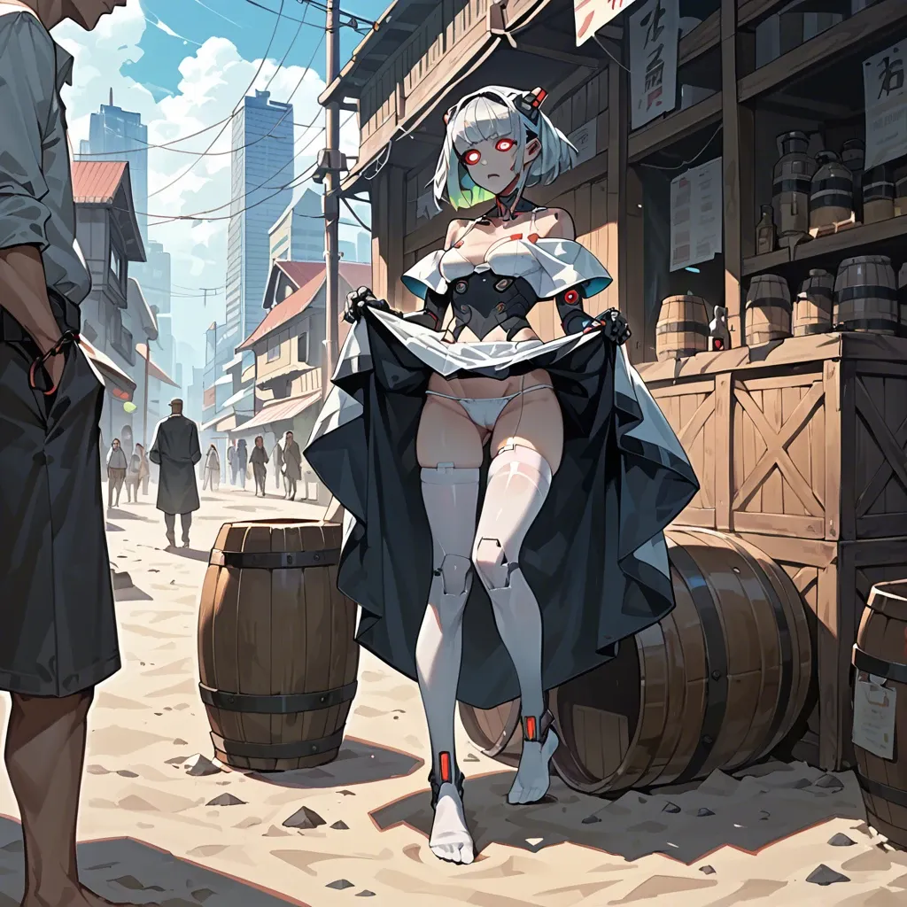 1girl,1boy, , , , glowing eyes,thin ankle,big perky boobs,narrow waist,off-shoulder, lifting skirt,stockings,capelet,white bikini,no shoes, barrel, crowded beach, cyberpunk, robot girl, anime style, golden hour, 2 boys, spider-gwen