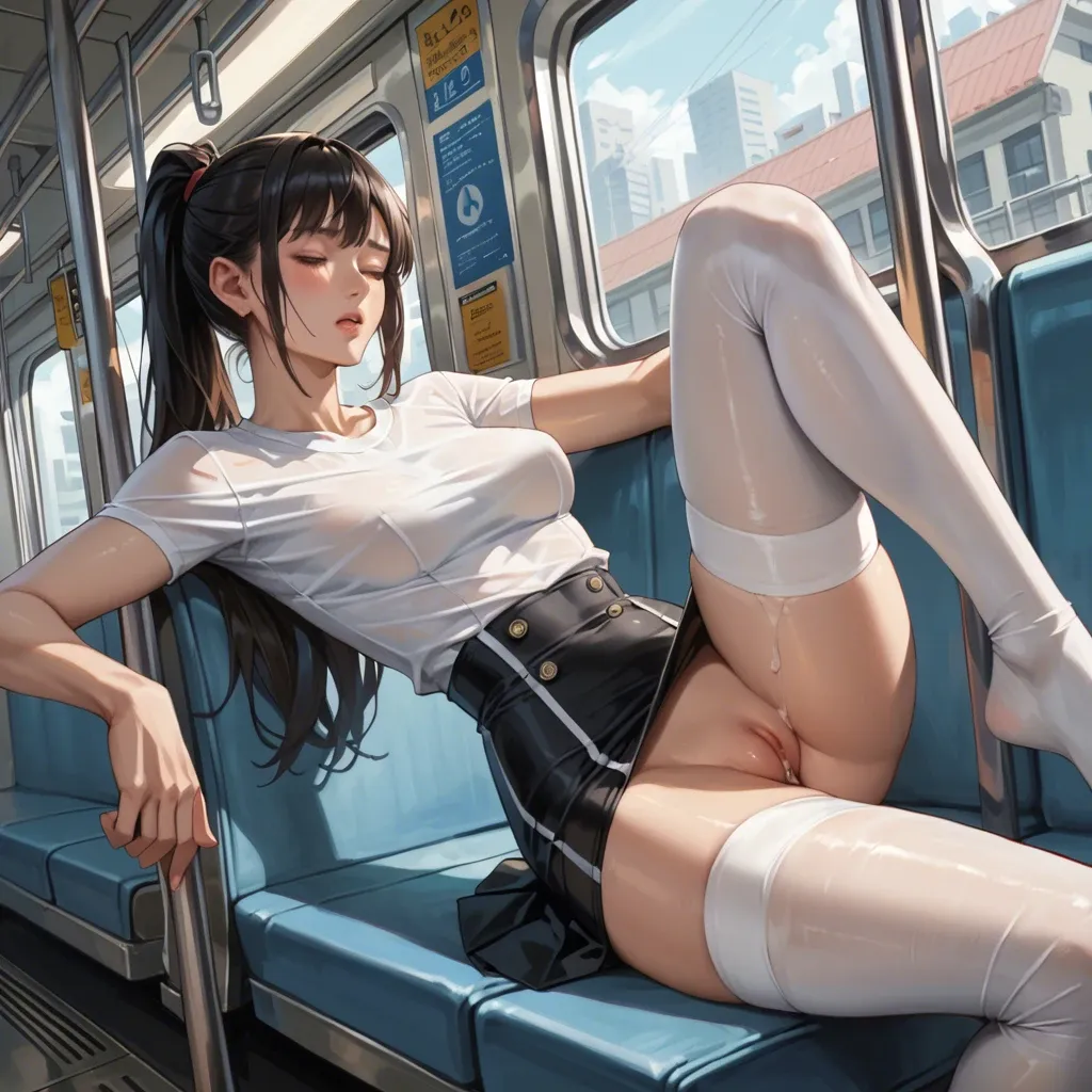 Anime,detailed,slender body,super wide hips,long legs,high waist,tight skirt,shaved pussy,white stockings,tied hair,bangs,bodycon shirts,upper body,pussy dripping,teenager,subway,closed eyes