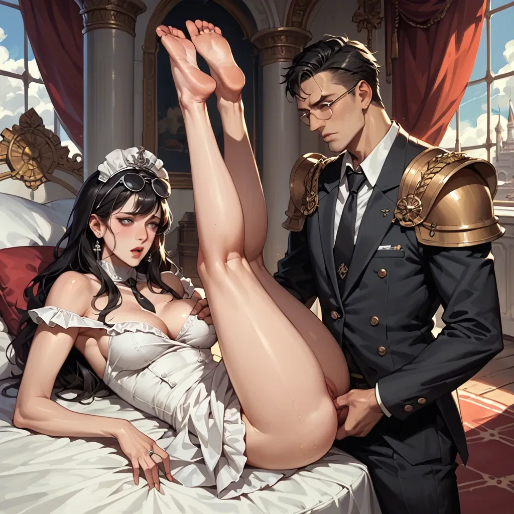 1girl,1boy, , , , dark grey eyes,legs up,whore cleavage,grab breasts,shoulder pads, eyewear on head,wrists,round tits,bondage ship,bare shoulder, sundress,palace bedroom,black tie,crotchless,black boots, plain t-shirt,socks,sunglasses,sports bra,platform heels, pink t-shirt,lace bra,sailor hat,bikini top lift,stiletto heels, barn, forest, cyberpunk, high-detailed, by night, princess peach, rapunzel