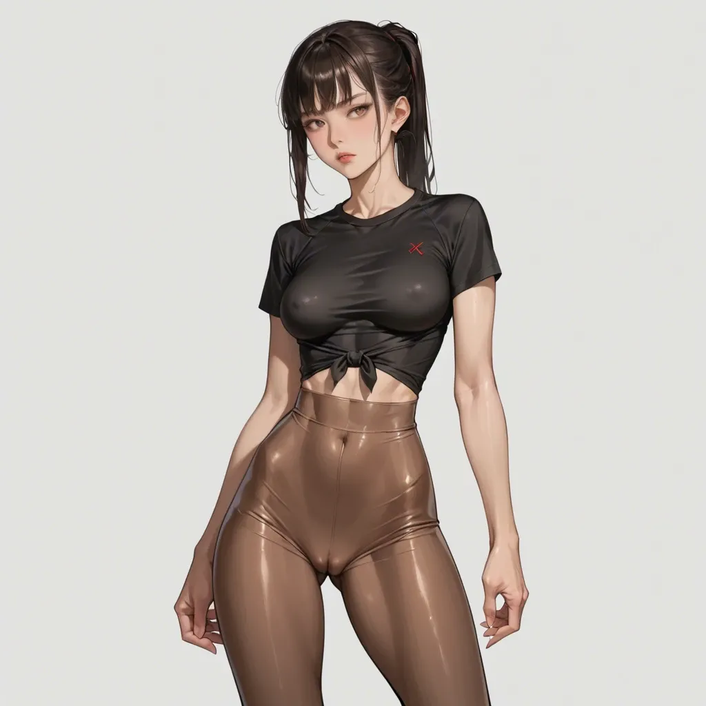 Anime,detailed,slender body,super wide hips,long legs,high waist,brown leggings,tied hair,bangs,bodycon shirts,upper body,street