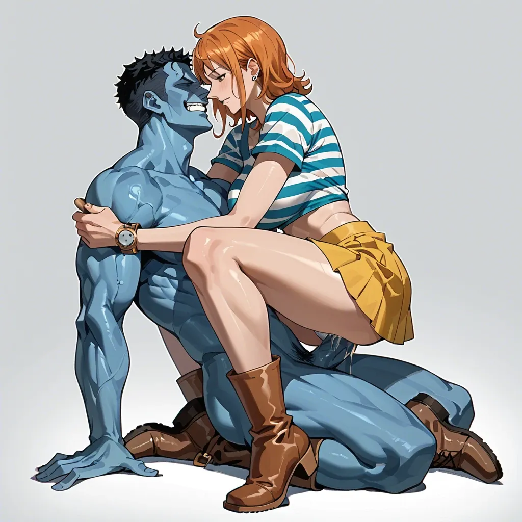 Nami one piece, pre timeskip, bob hair, blue white striped cropped shirt, yellow skirt, white panties, brown boots, character blue muscular man no face,