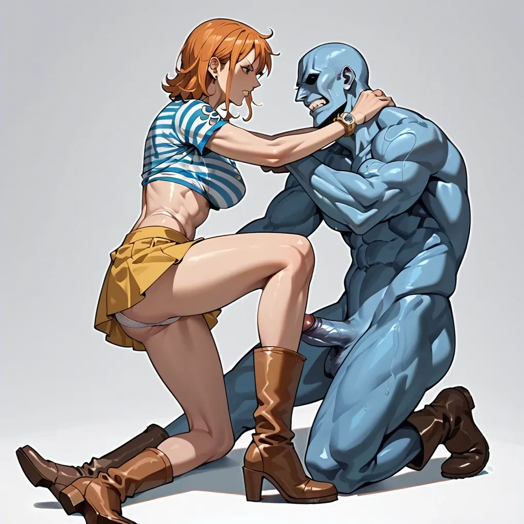 Nami one piece, pre timeskip, bob hair, blue white striped cropped shirt, yellow skirt, white panties, brown boots, character, blue muscular man,