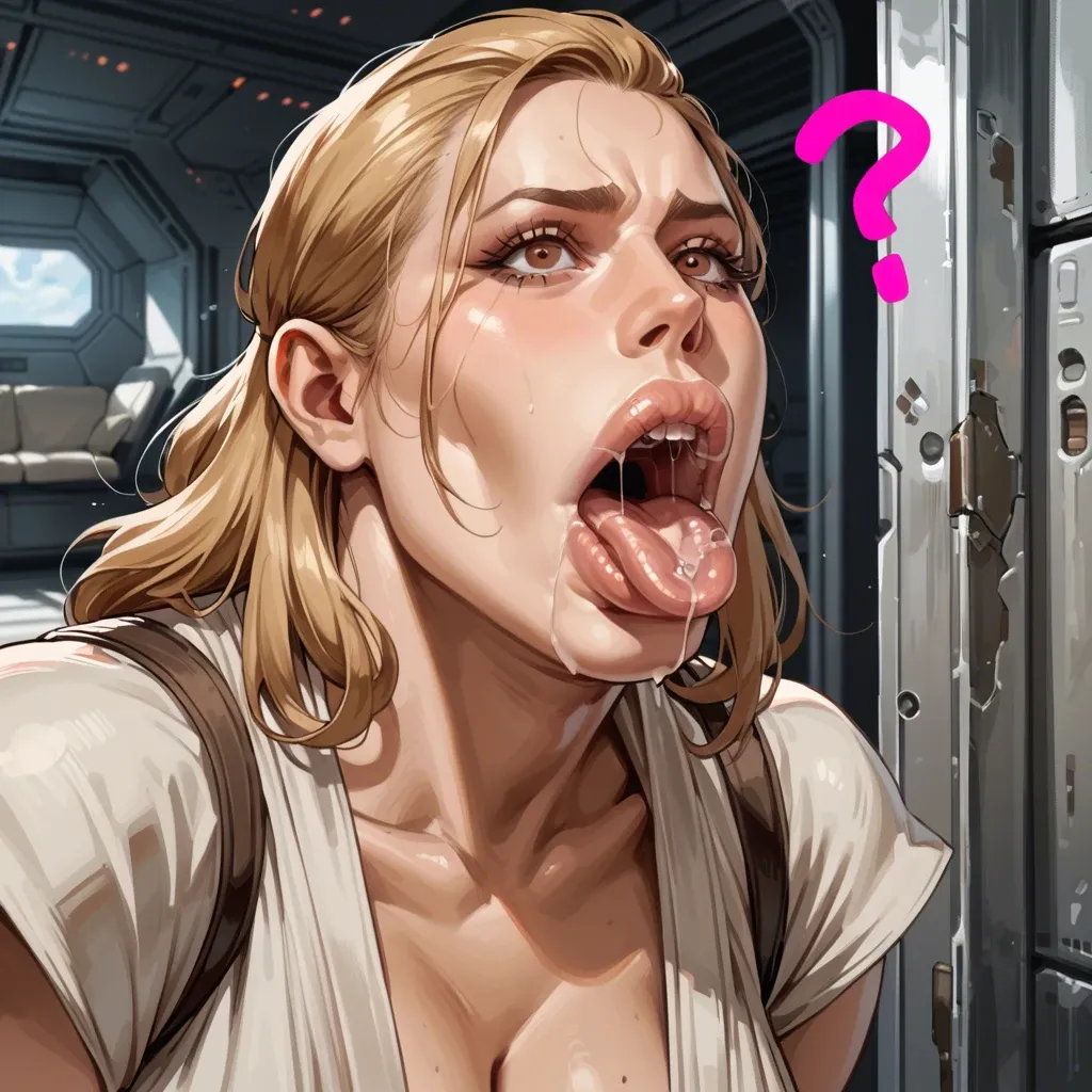 pink question marks, (Rey Skywalker), bleach blonde hair, brown eyes, obese, hyper lips, gaping mouth, wide mouth, sagging lips, tongue out, sagging breasts, dark nipples, closeup, spaceship bedroom, solo