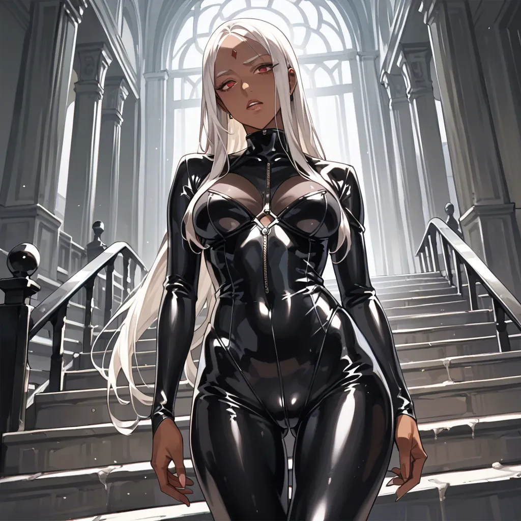 1girl, solo, (Character horikita), (perfect face), beautiful eyes, white hair,The forehead is open, (dark skin: 1,2), dominant,all in a black latex suit, standing at the stairs