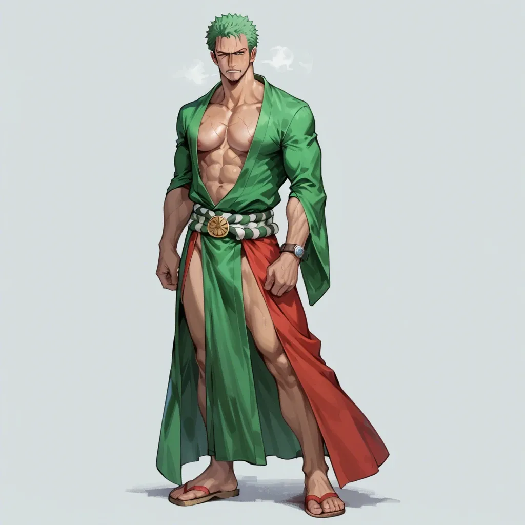 man Roronoa Zoro one piece, normal clothes, green hair, green kimono, red cloth belt, clothed, full body, standing, no object