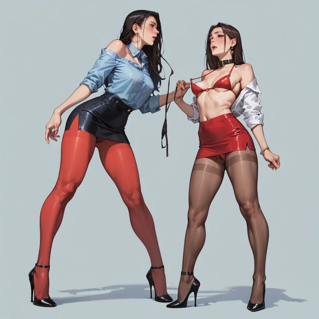 2girl, , , , balls on nose,arm pull,pointy nipples,side breasts,broad shoulders, blue shirt,pantyhose,collar,mini skirt bra,high heels, white shirt,red stockings,big earrings,bikini,heels, bare shoulder, sparkling, medieval dress, spiked dildo, glowing dildo, princess zelda, wonder woman, waifu