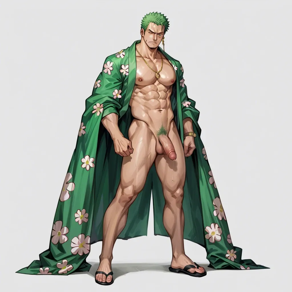 man Roronoa Zoro one piece, green hair, green tied kimono, clothed, full body, standing, no object