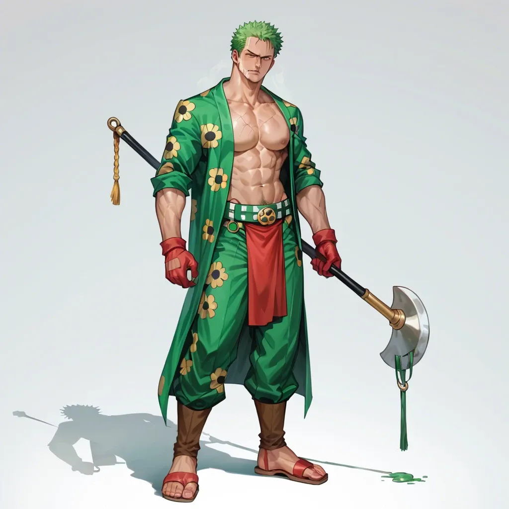 man Roronoa Zoro one piece, normal clothes, green hair, green kimono, red cloth belt, clothed, full body, standing, no object