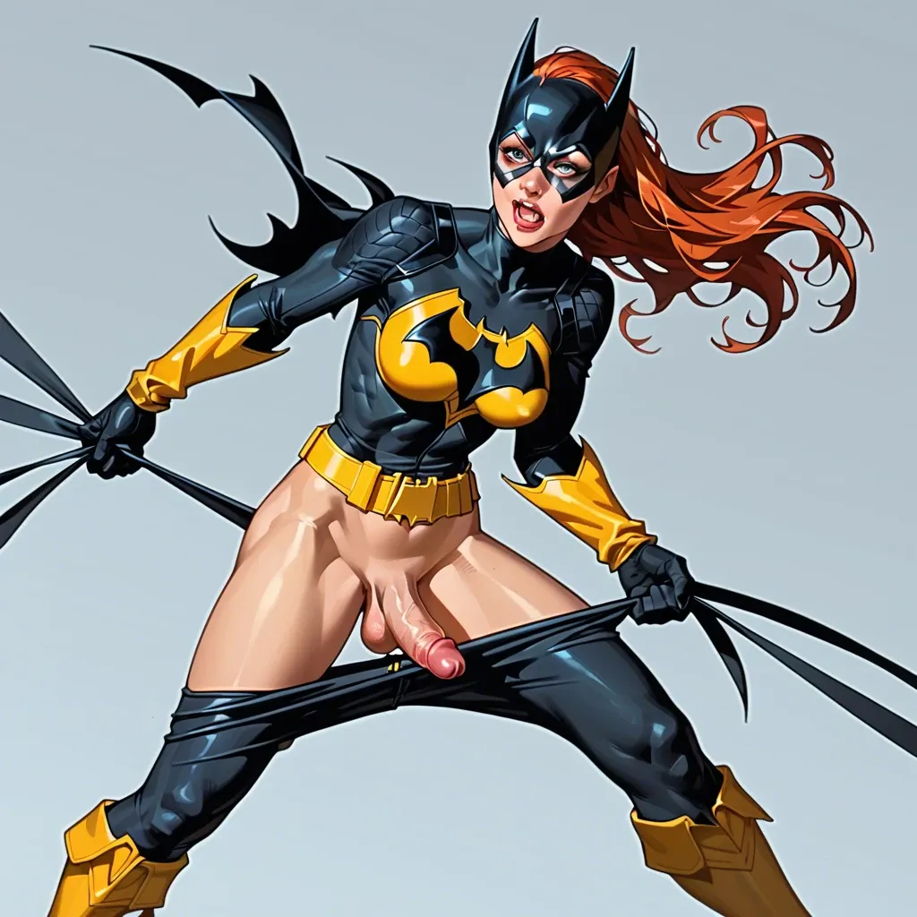 Batgirl 1966, redhead, pulling down pants, revealing futa cock