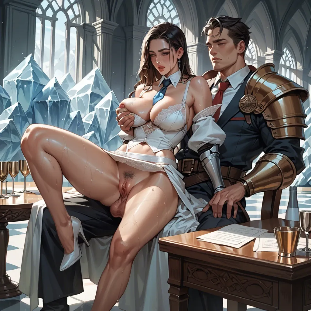 1girl,1boy, , , , half-open eyes,thick legs,saggy breast,table,off shoulders, balls on nose,armor,cleavage,breasts grab,shoulder, underskirt,ice palace,tie,sexy lingerie,heels, wet shirt,striped skirt,veil,panties visible,platform heels, brown jacket,stockings,jewelry,lace bra,running shoes, office dress, street fighter, medieval theme, source anime, dark grey skin, spider-gwen