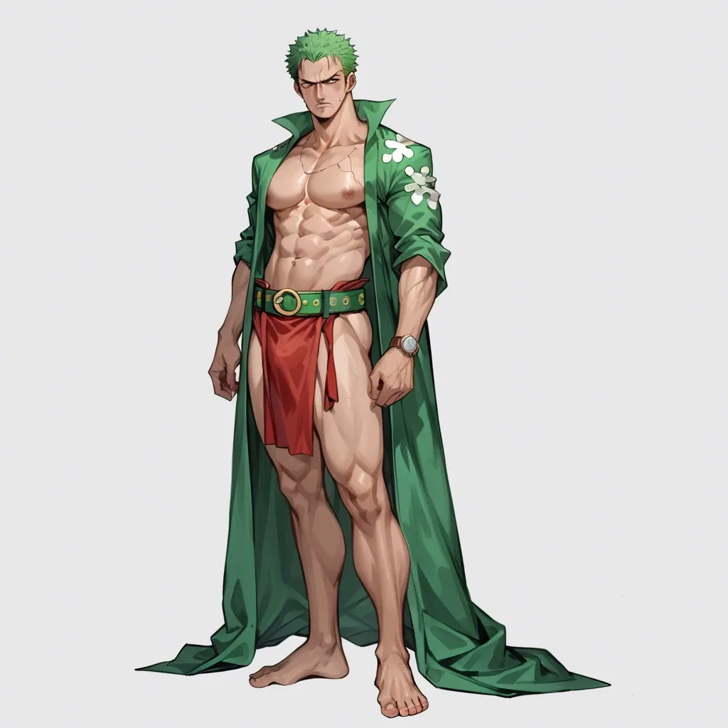 man Roronoa Zoro one piece, normal clothes, green hair, green kimono, red cloth belt,  clothed, full body, standing, no object