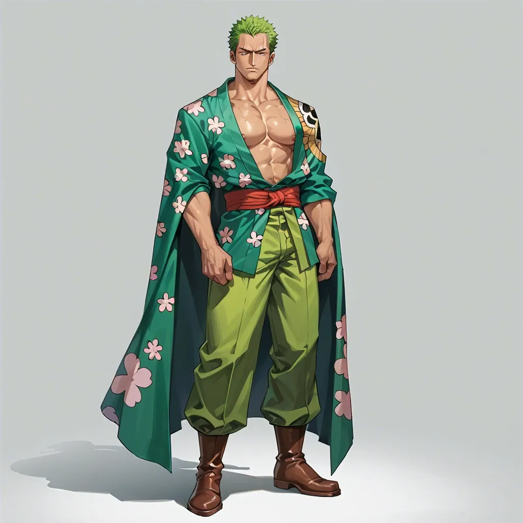 man zoro one piece, green kimono without print cover, red waist fabric, dark boots, clothed, green hair, standing, full body, no object