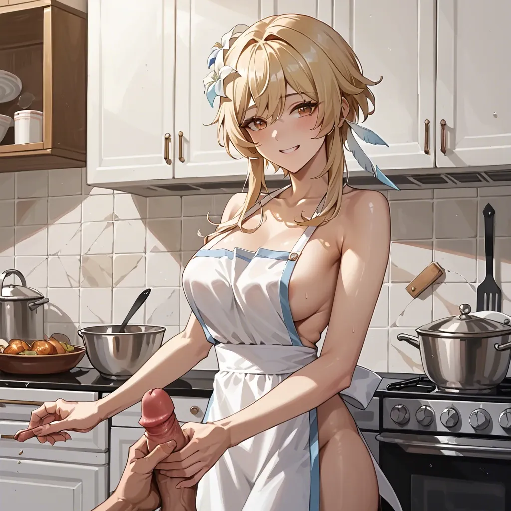 Lumine from Genshin Impact, in the kitchen, kitchen apron, smiling, handjob, teasing, boob grab, looking at you