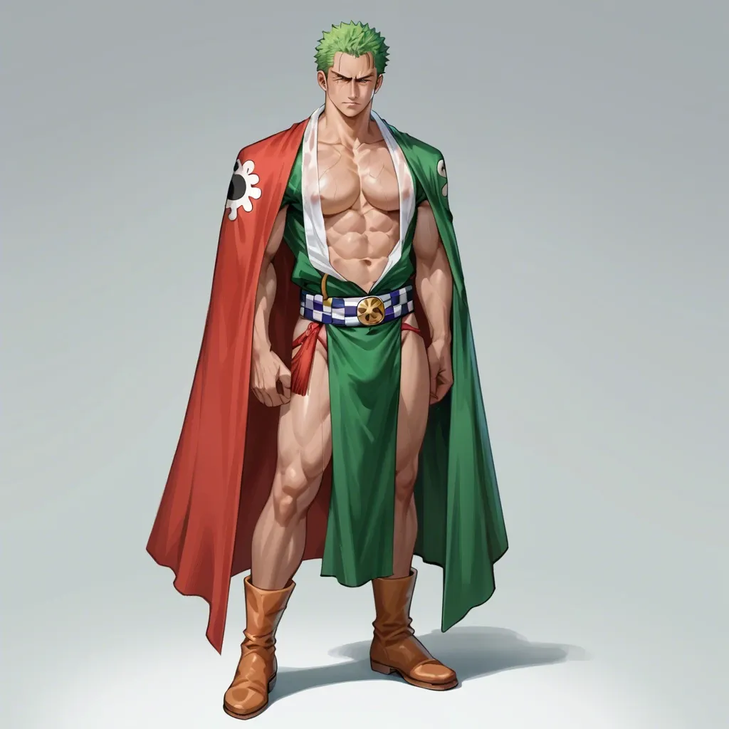 man Roronoa Zoro one piece, normal clothes, green hair, green kimono, red cloth belt,  clothed, full body, standing, no object