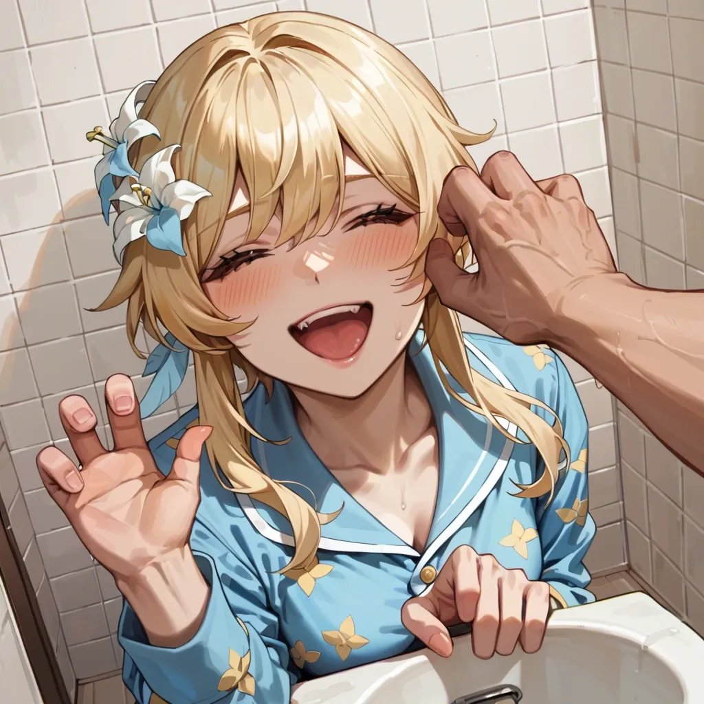 Lumine from Genshin Impact, in a cute  pajamas, laughing, in the bathroom siting in the toilet, smiling ,gently touching her face,putting 3 fingers deep inside her wide open mouth,blushing, close up of her face while still being able to see her body, smiling, my hand on her face,  above straight ahead view, big smile, surogao tired happy face, excessive cum dripping from , laughing, hand on face,