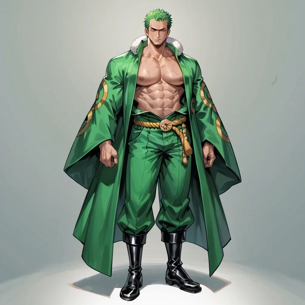 man Roronoa Zoro one piece, green hair, green kimono cover, dark boots, clothed, full body, standing, no object