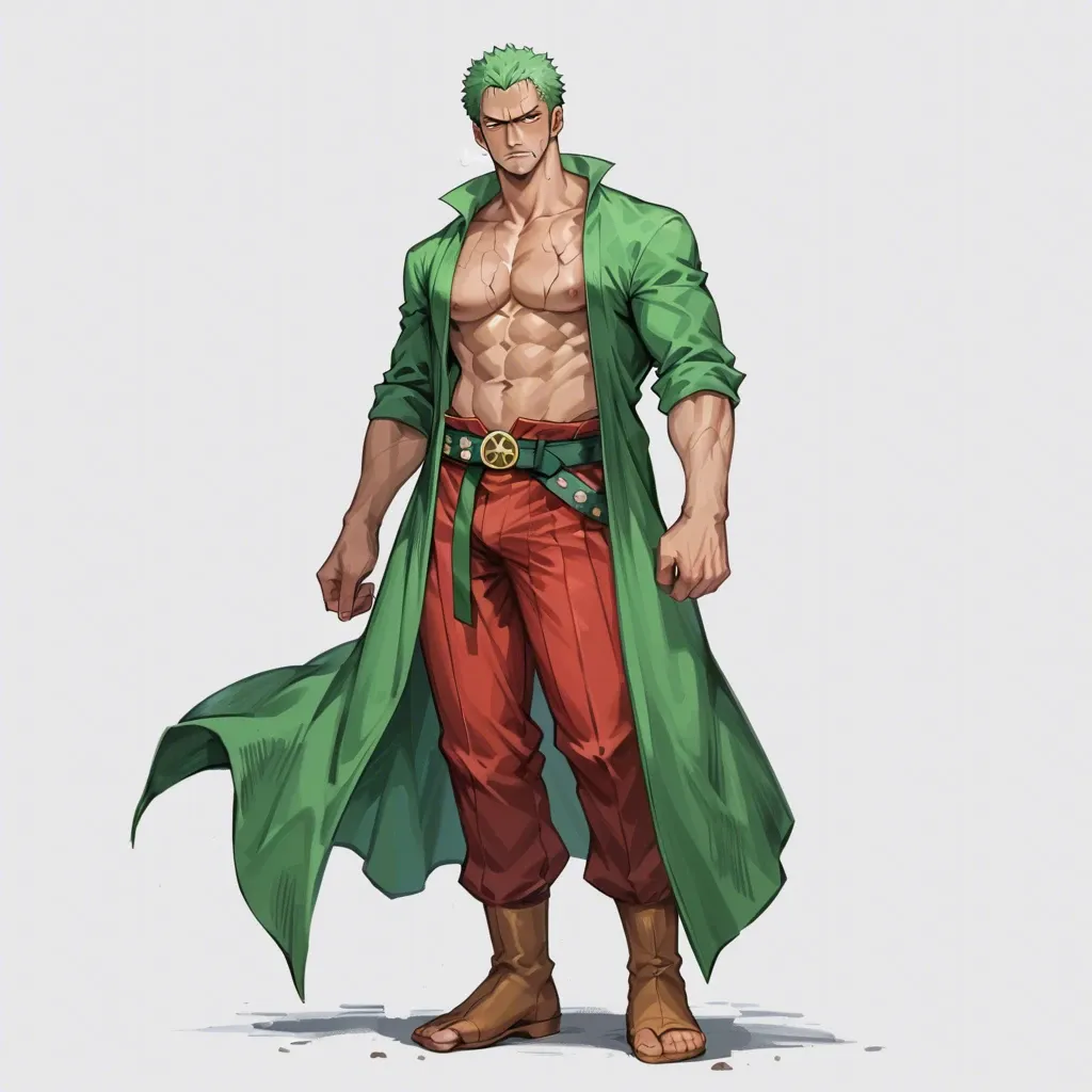 man Roronoa Zoro one piece, green hair, green kimono, red cloth belt, clothed, full body, standing, no object