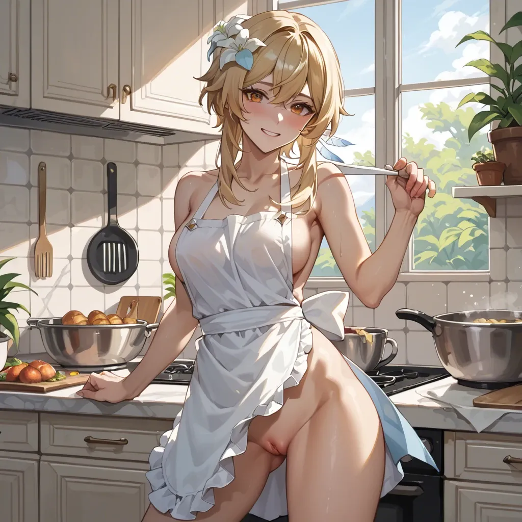 Lumine from Genshin Impact, in the kitchen, kitchen apron, smiling, pussy spread, teasing, boob grab, looking at you