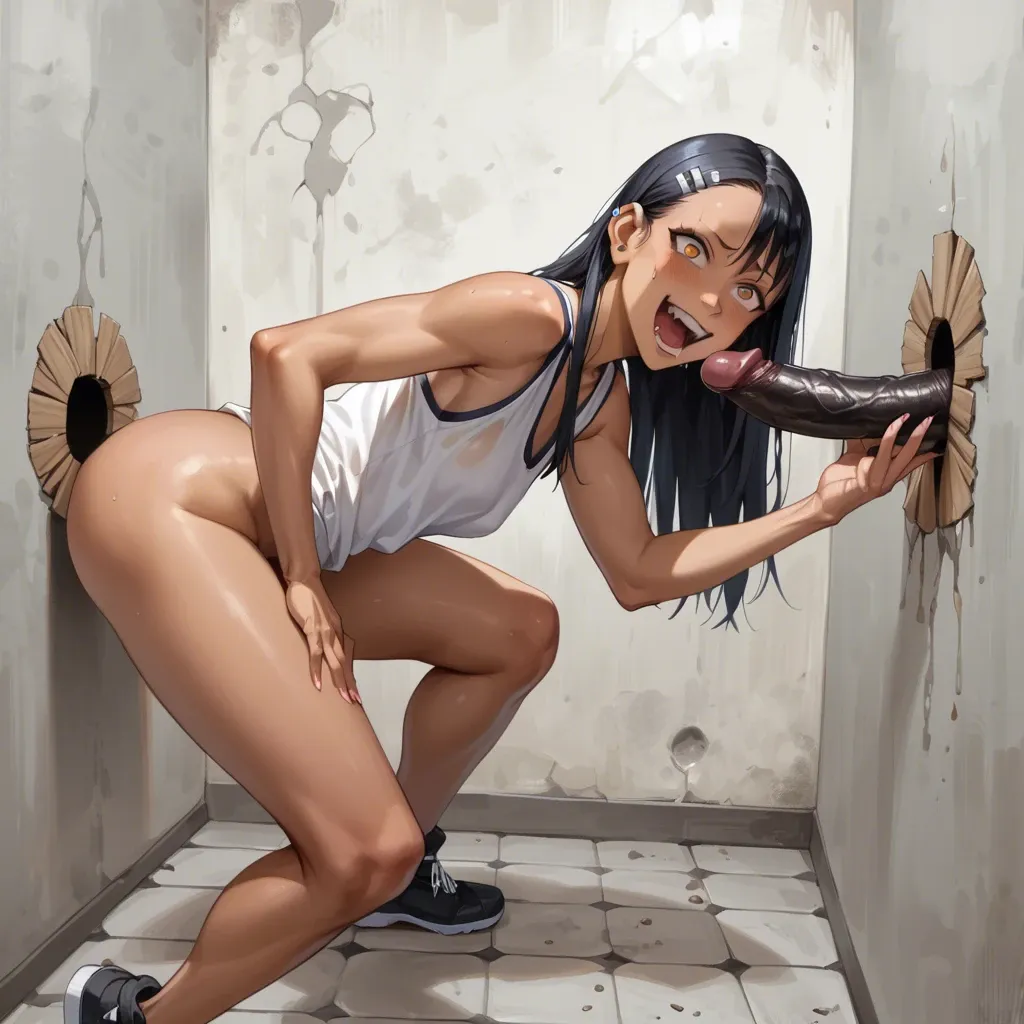 In a Glory hole, she is very excited and on her knees masturbating two huge black cocks (((( Hayase Nagatoro))))