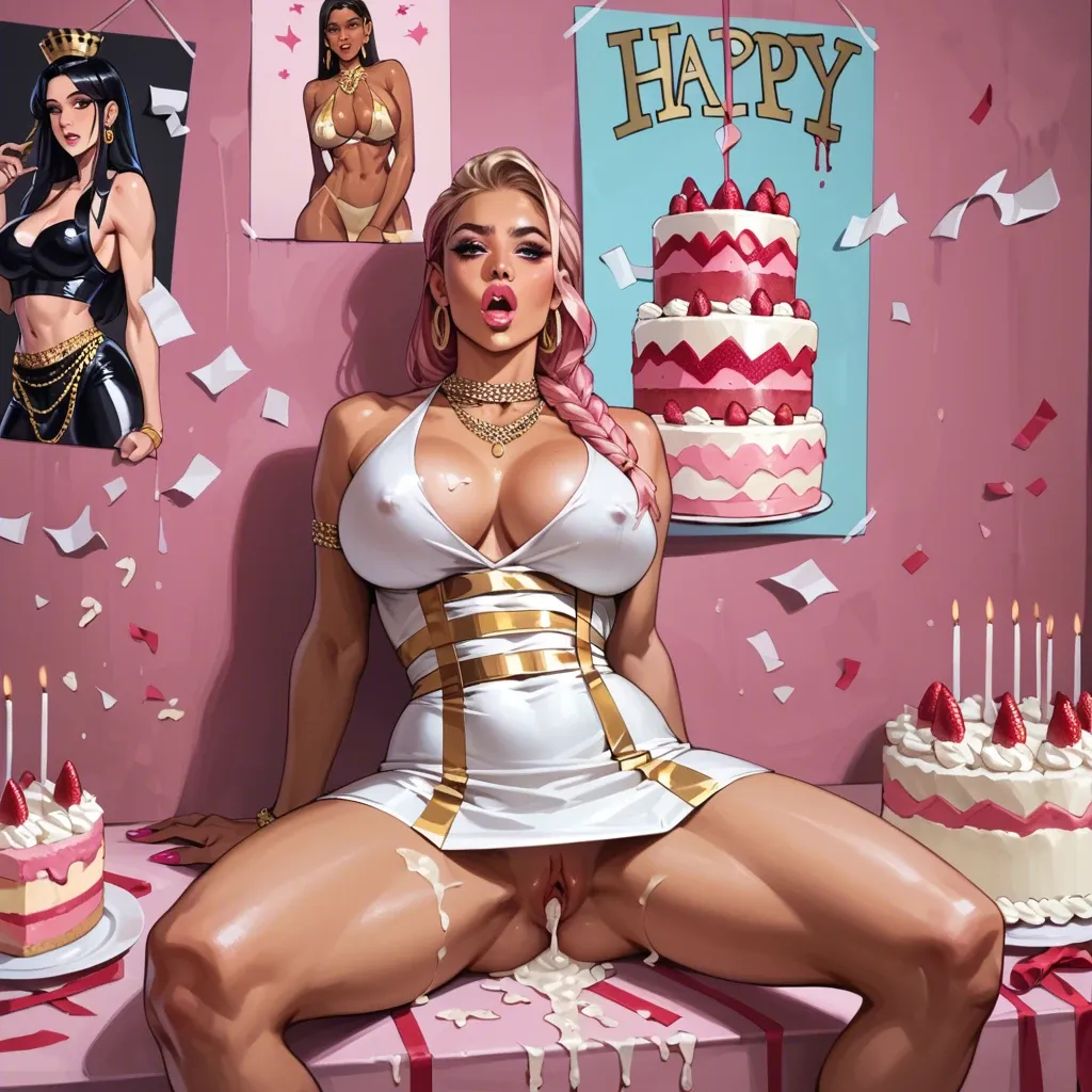 (Pink room, birthday themed. Cum mess, porn poster) futa, shemale, bimbo, gold jewellery, blond braid, white mini dress, sitting in smashed cake, messy cake