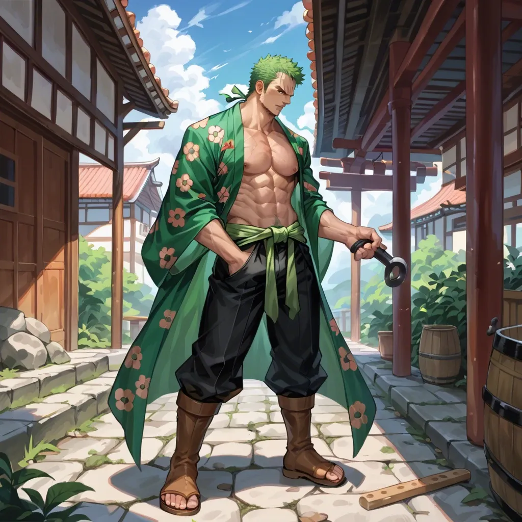 man Roronoa Zoro one piece, green hair, green tied kimono, clothed, full body, standing, no object