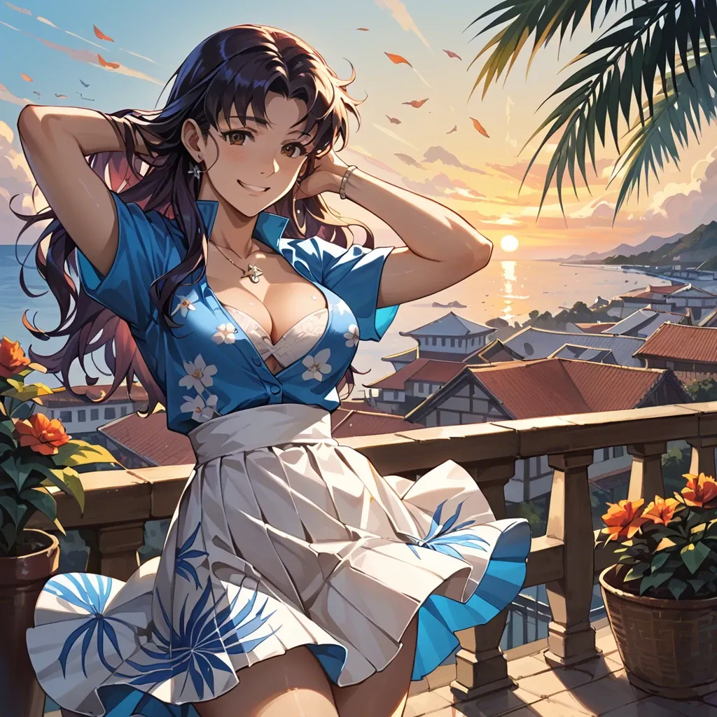 Misato Katsuragi, naughty smile, natural size 46 chest, printed pleated dress with cleavage, hands behind her head, dress lifted by the wind, , standing on a terrace of the mediterranean coast, sunset, colorfull scene