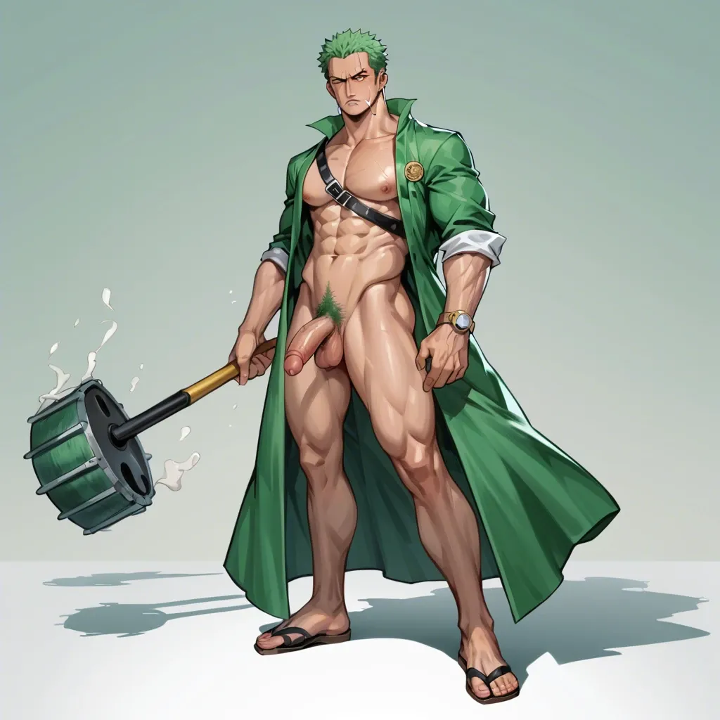 man Roronoa Zoro one piece, green hair, green kimono cover, clothed, full body, standing, no object