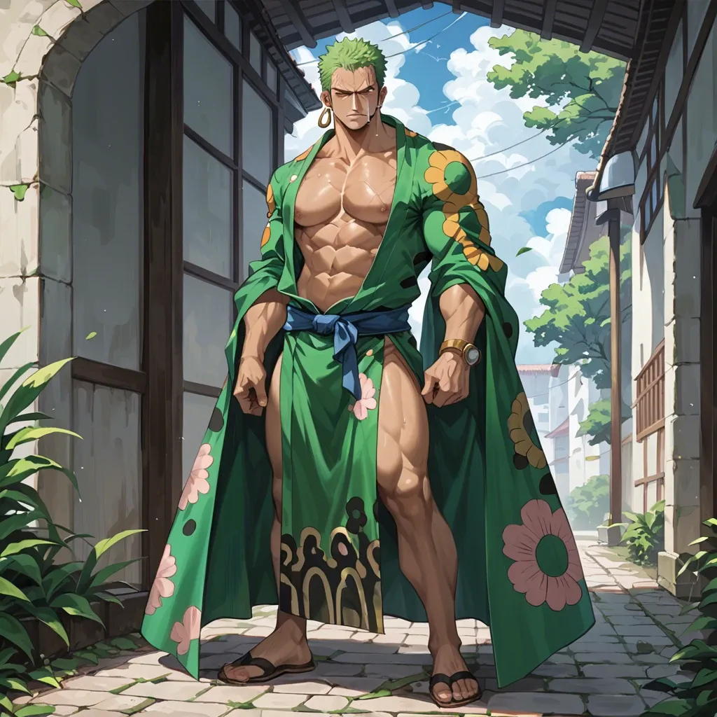 man zoro one piece, green kimono cover, clothed, green hair, standing, full body, no object