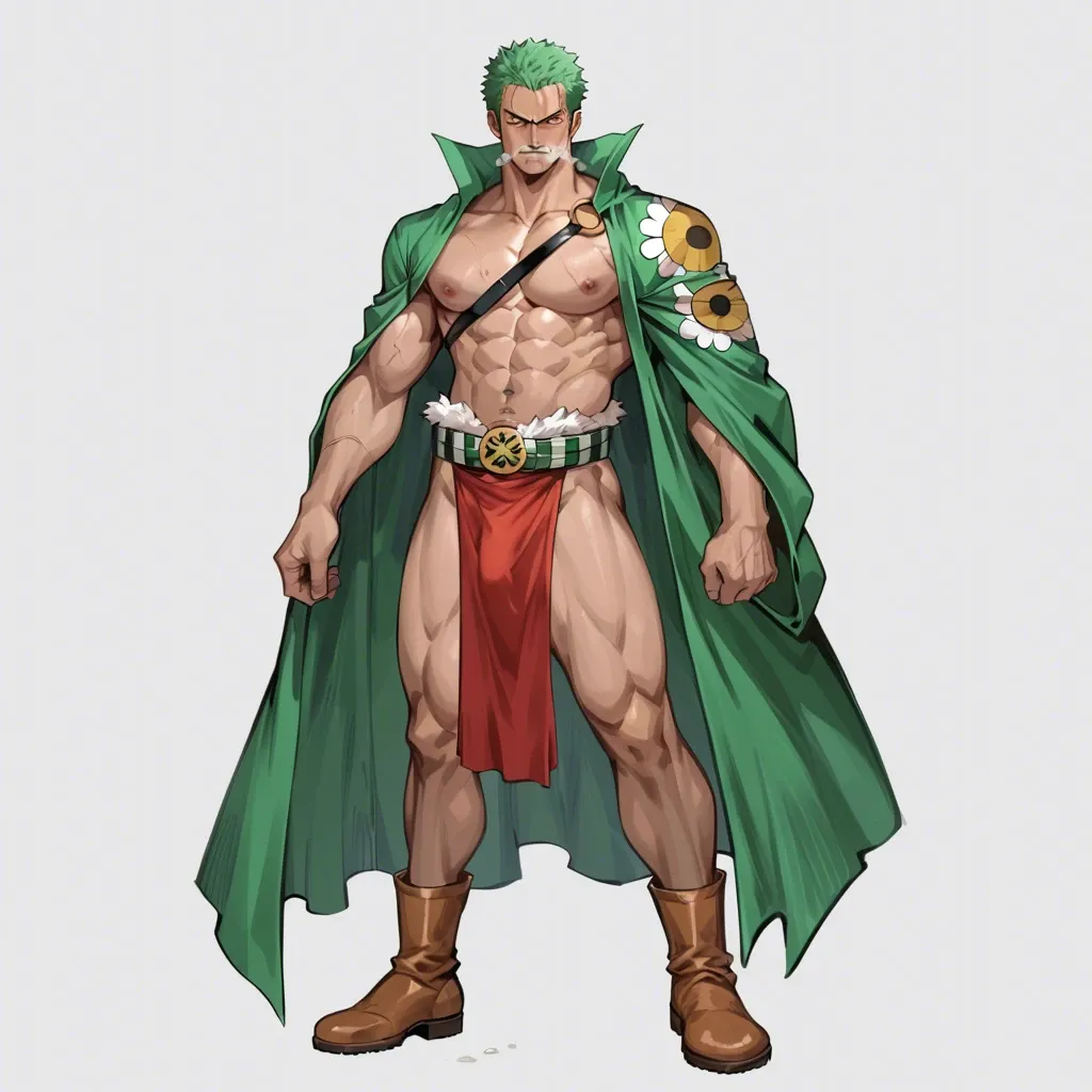 man Roronoa Zoro one piece, normal clothes, green hair, green kimono, red cloth belt,  clothed, full body, standing, no object