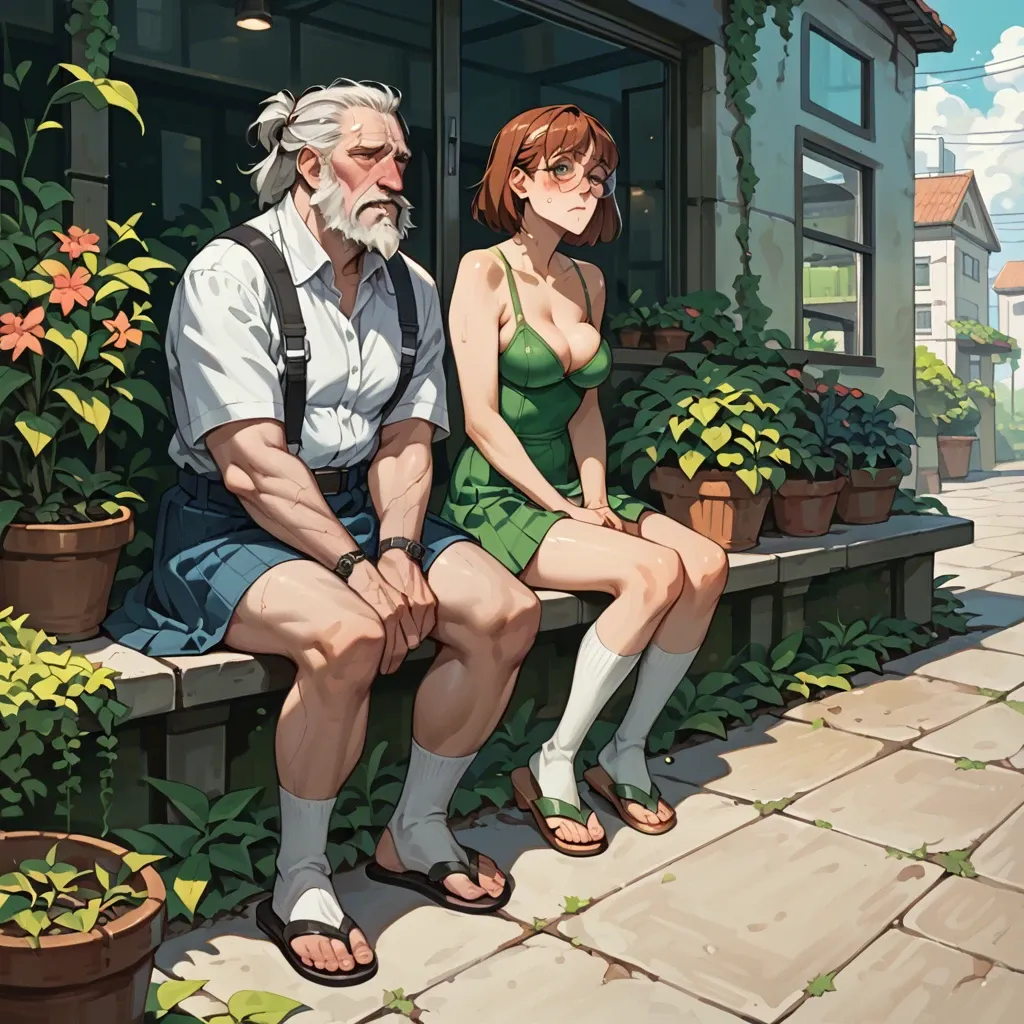 2girl, , , , cheek,on elbows,saggy boobs,breast squeeze,elbows, skirt,socks,round glasses,green swimsuit,strappy sandals, embarrassed, outdoor garden, cyberpunk, uncomfortable, anna hair, reinhardt