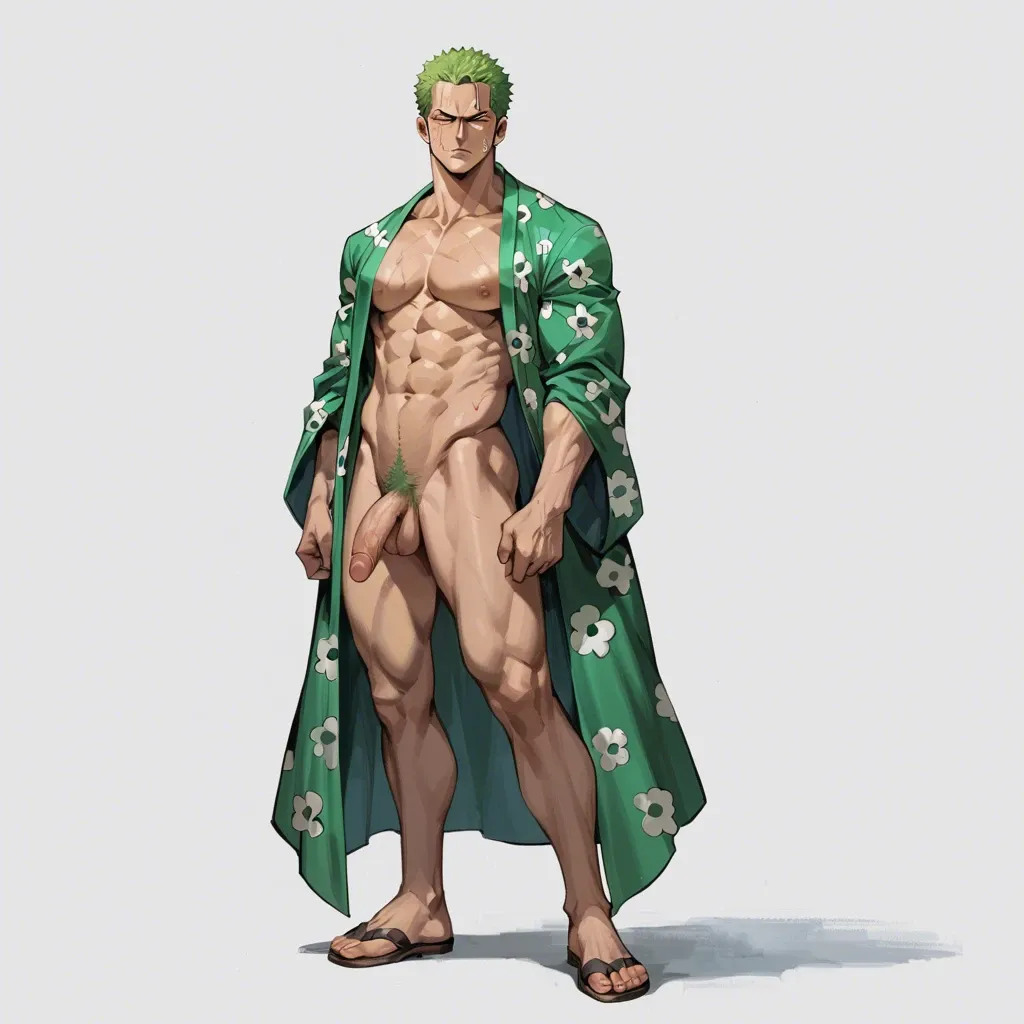 man zoro one piece, green kimono, clothed, green hair, standing, full body, no object