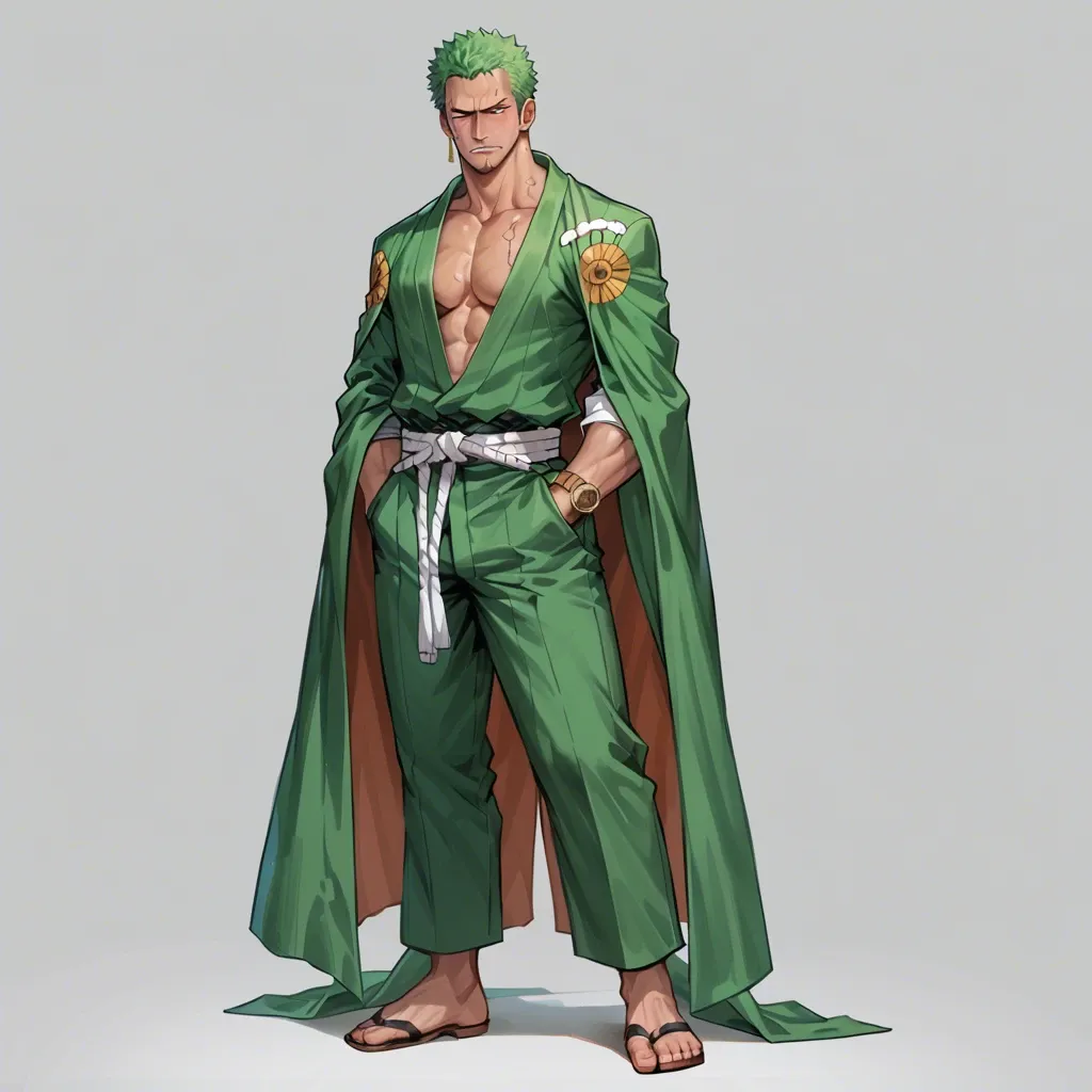 man Roronoa Zoro one piece, green hair, green kimono cover, clothed, full body, standing, no object