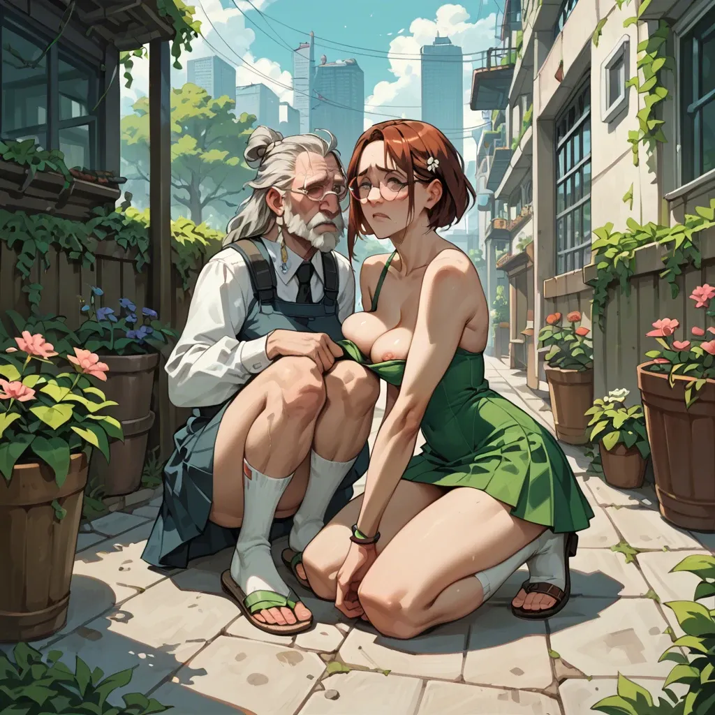 2girl, , , , cheek,on elbows,saggy boobs,breast squeeze,elbows, skirt,socks,round glasses,green swimsuit,strappy sandals, embarrassed, outdoor garden, cyberpunk, uncomfortable, anna hair, reinhardt