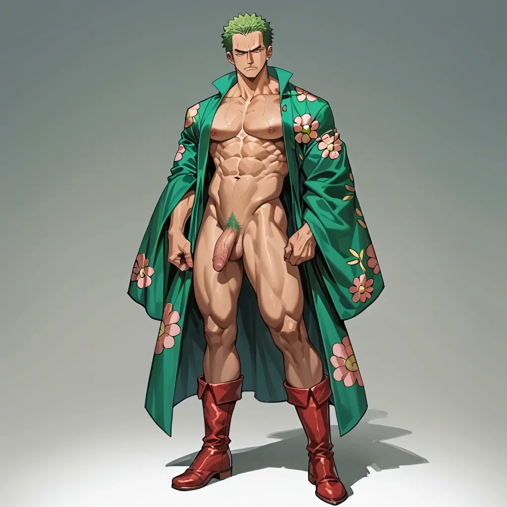 man zoro one piece, green kimono without print cover, red waist fabric, dark boots, clothed, green hair, standing, full body, no object