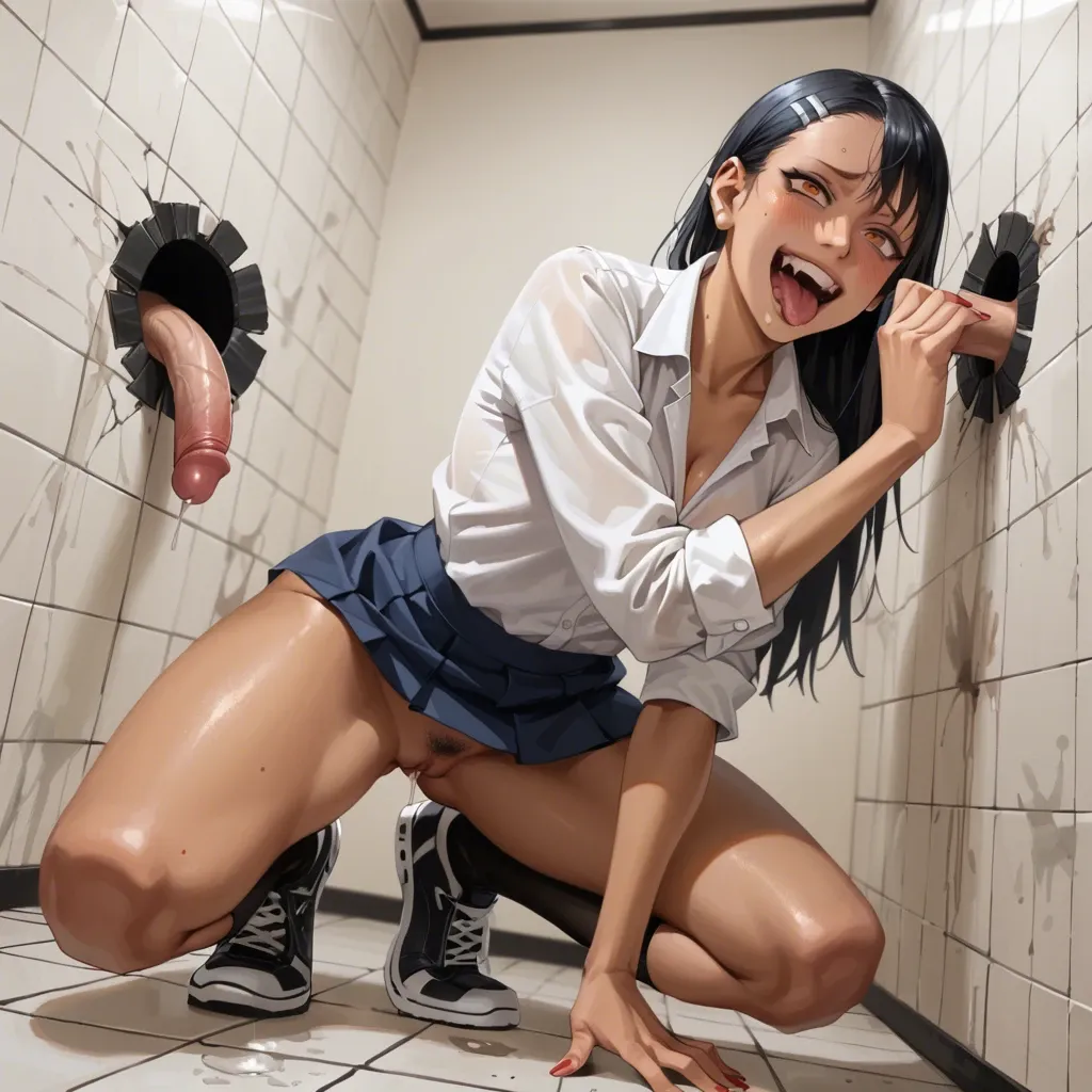 In a Glory hole, she is very excited and on her knees masturbating two huge black cocks (((( Hayase Nagatoro))))