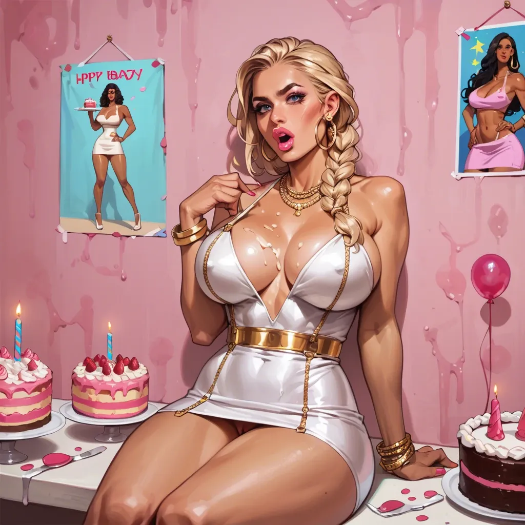 (Pink room, birthday themed. Cum mess, porn poster) futa, shemale, bimbo, gold jewellery, blond braid, white mini dress, sitting in smashed cake, messy cake