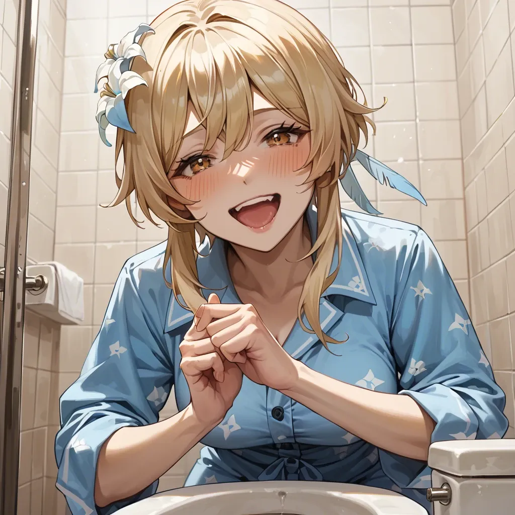 Lumine from Genshin Impact, in a blue cute  pajamas, laughing, in the bathroom siting in the toilet, smiling ,putting multiple of my fingers inside her wide open mouth,blushing, close up of her face while still being able to see her body, smiling, my hand on her face,  above straight ahead view, big smile, surogao tired happy face, excessive cum dripping from , laughing