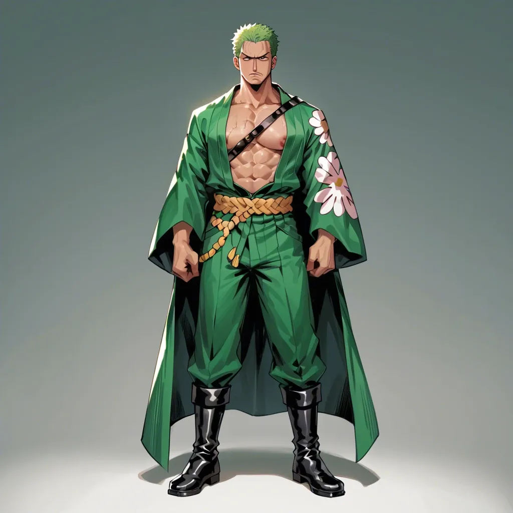 man Roronoa Zoro one piece, green hair, green kimono cover, dark boots, clothed, full body, standing, no object