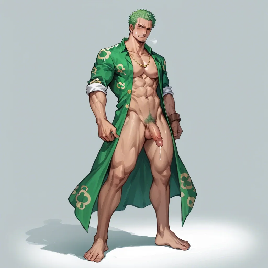 man Roronoa Zoro one piece, green hair, green kimono, clothed, full body, standing, no object