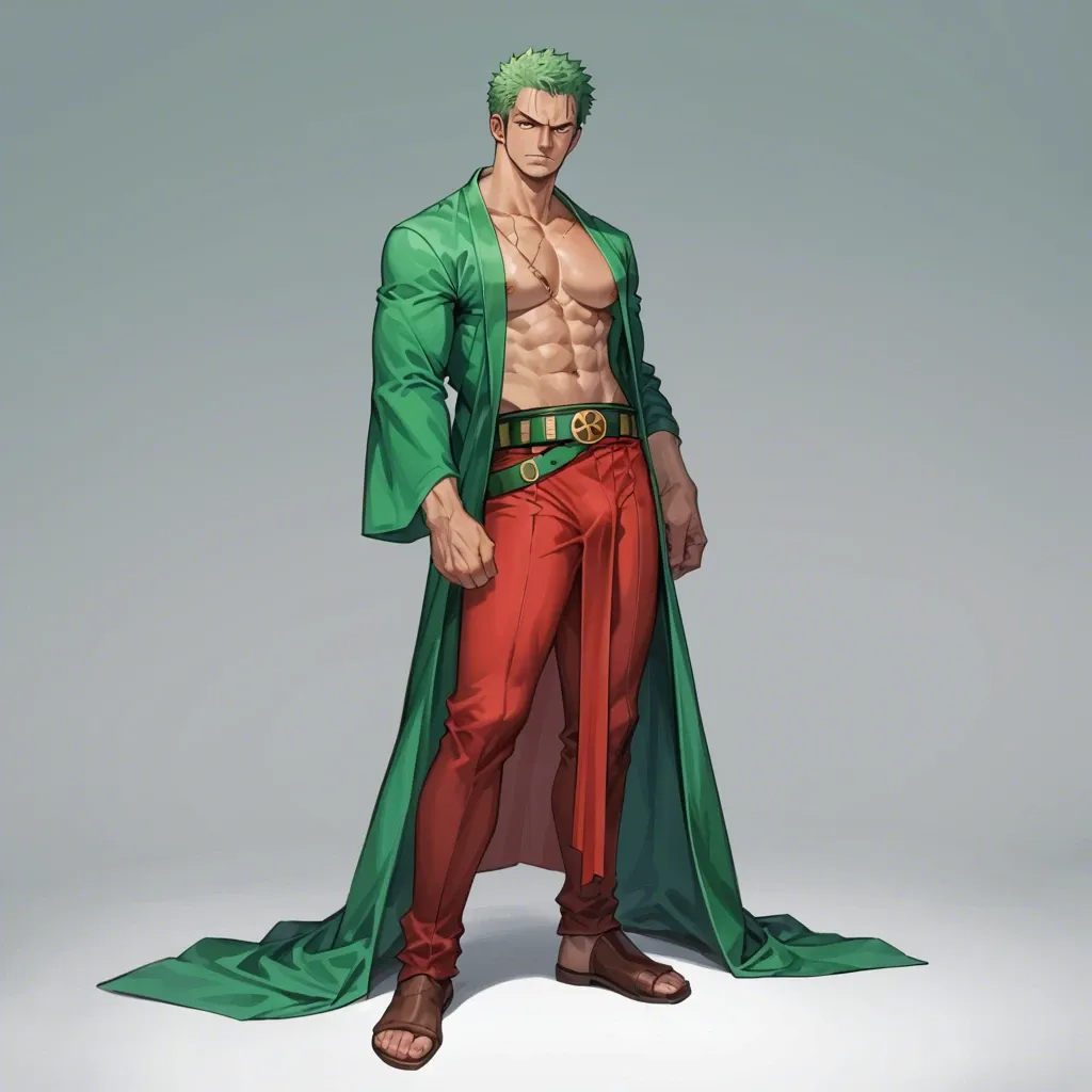 man Roronoa Zoro one piece, normal clothes, green hair, green kimono, red cloth belt, clothed, full body, standing, no object