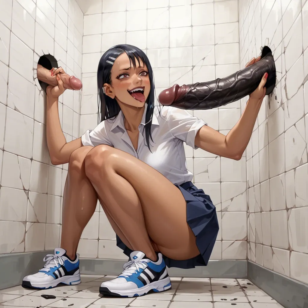 In a Glory hole, she is very excited and on her knees masturbating two huge black cocks (((( Hayase Nagatoro))))