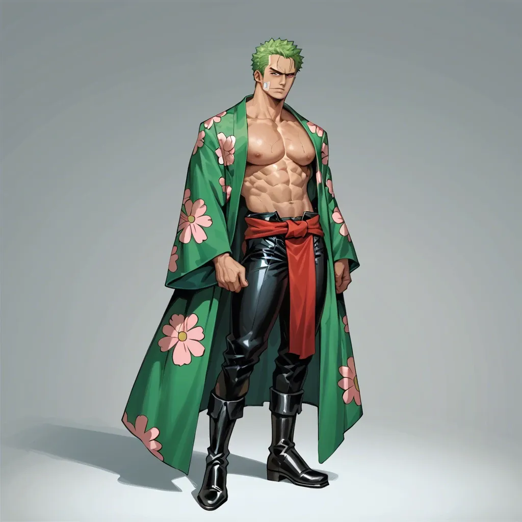 man zoro one piece, green kimono cover, red waist fabric, dark boots, clothed, green hair, standing, full body, no object