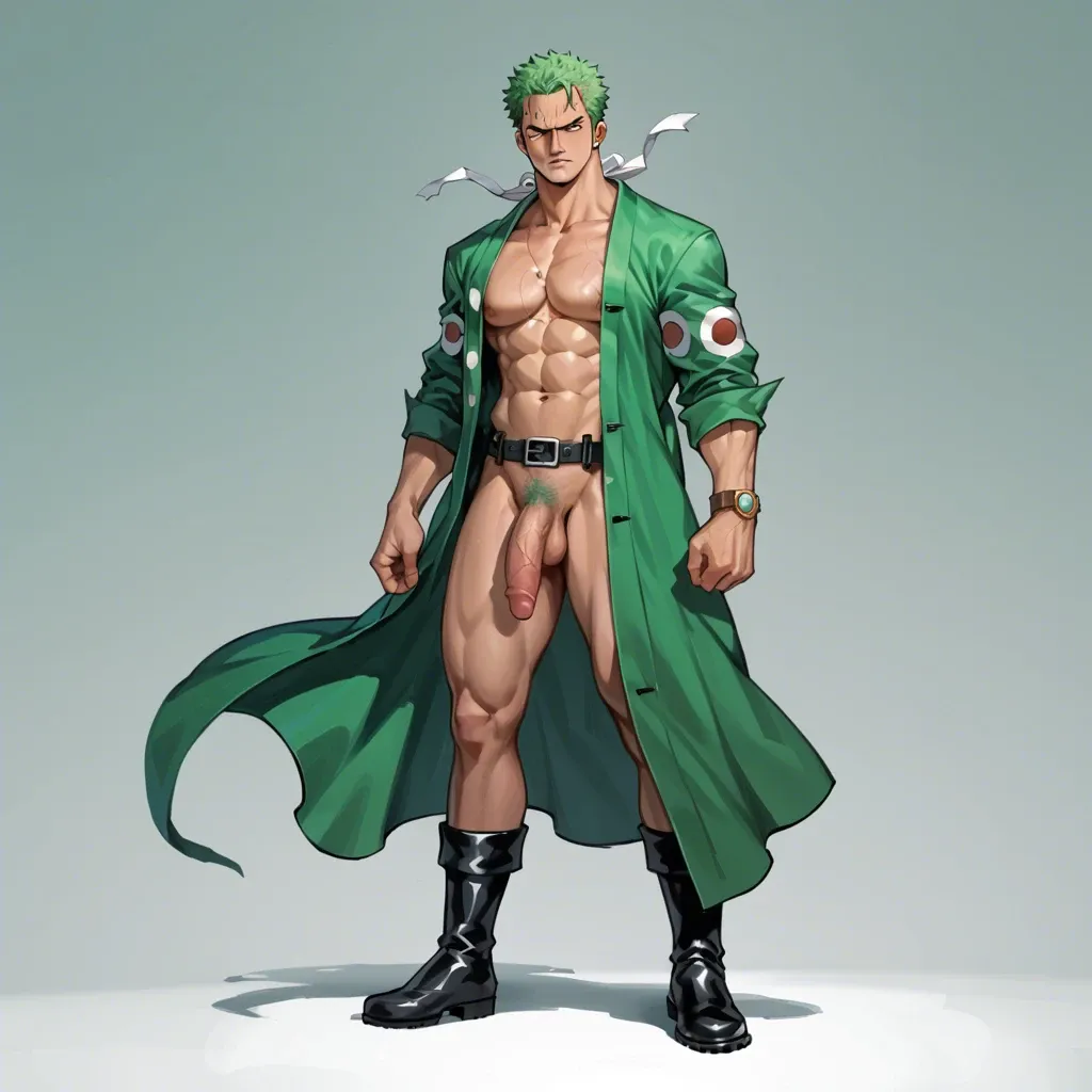 man Roronoa Zoro one piece, green hair, green kimono cover, dark boots, clothed, full body, standing, no object