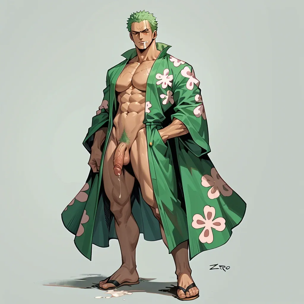 man zoro one piece, green kimono, clothed, green hair, standing, full body, no object