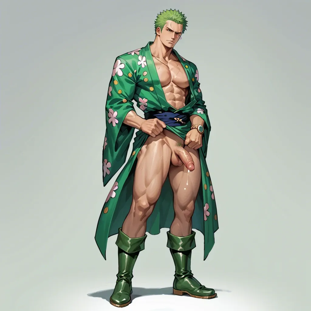 man zoro one piece, green kimono cover, dark green boots, clothed, green hair, standing, full body, no object