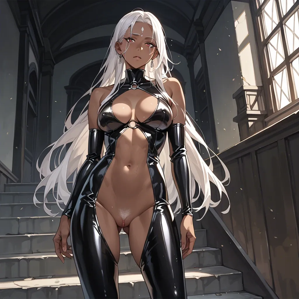 1girl, solo, (Character horikita), (perfect face), beautiful eyes, white hair,The forehead is open, (dark skin: 1,2), (dominant),all in a black latex suit, standing at the stairs