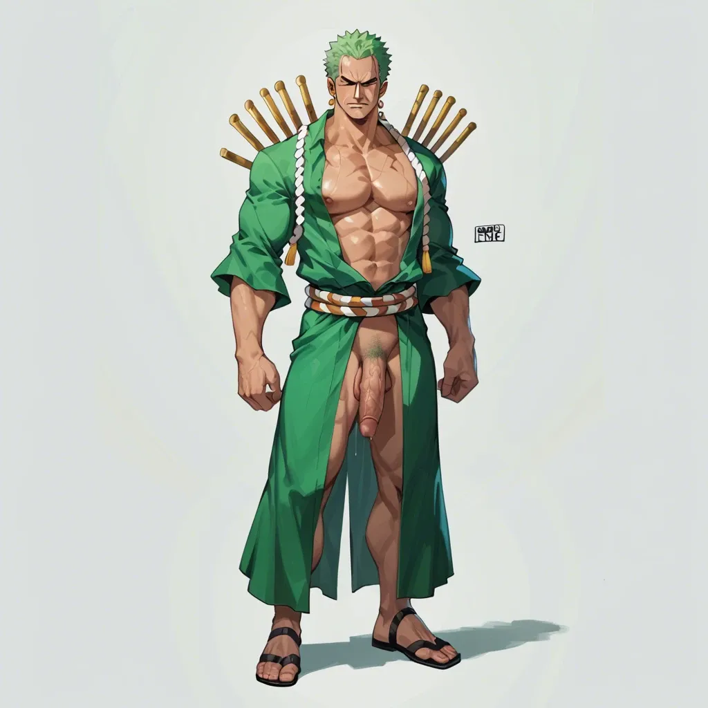 man zoro one piece, green kimono cover, clothed, green hair, standing, full body, no object