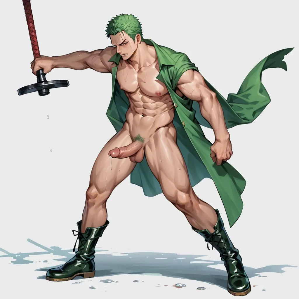 man Roronoa Zoro one piece, green hair, green kimono cover, dark boots, clothed, full body, standing, no object